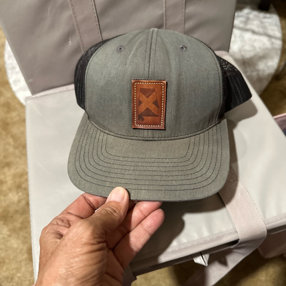 Gray and Black Trucker Hat with Leather Patch